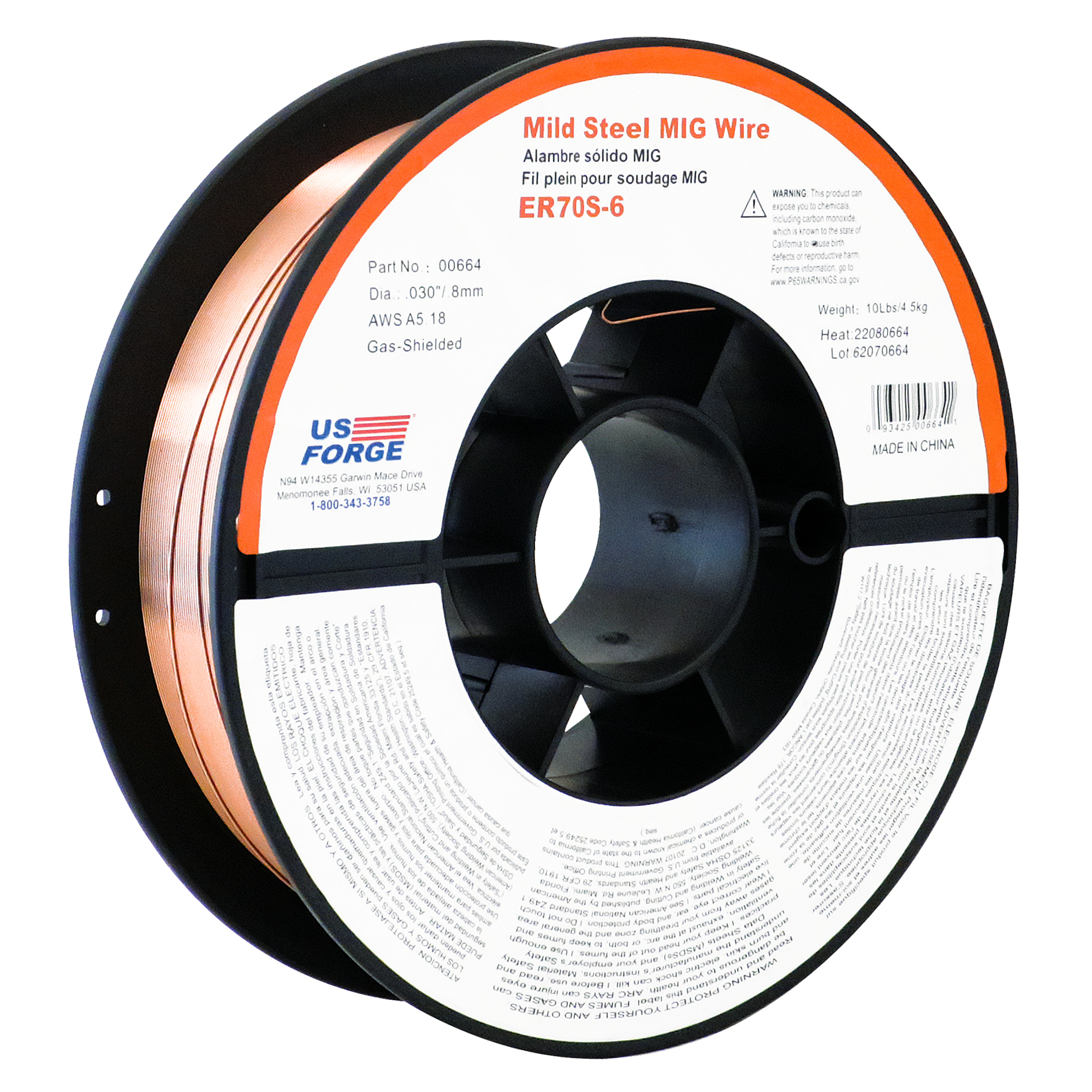 US Forge Solid Mild Steel MIG Wire — 0.030in. ER70S-6, 10 lbs., Model# 0664